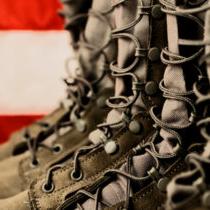 美国国旗前的战靴照片